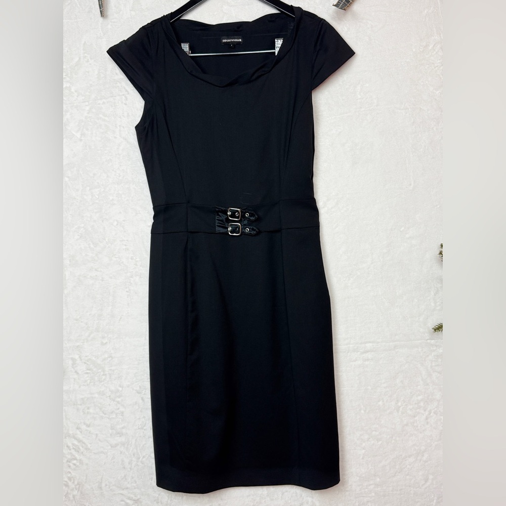 Emporio Armani Black 100% Wool Belted Dress Size 8. G#26